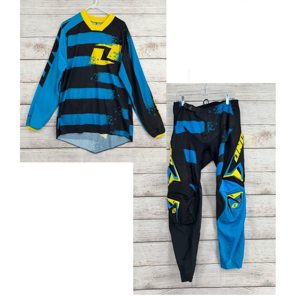 One Industries Motocross Gear Set Men M/34 Blue Black Yellow Carbon Jersey Pants